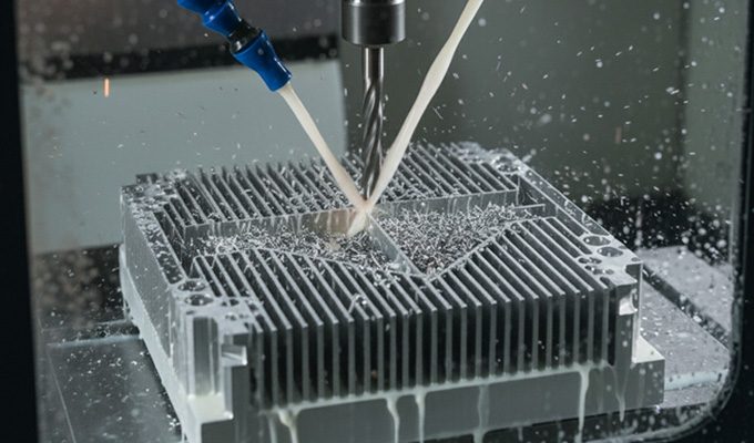 Aluminum heat sink being CNC milled with coolant spray